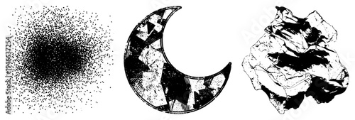 Geometric moon with fragmented halftone shading, crumpled paper texture, dot gradient background, vector art, graphic design element.