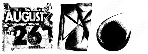 Bold text "AUGUST 26" over fragmented collage, halftone hourglass, circular void graphic design elements for date markers or event visuals.