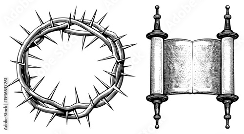 Crown of symbolizing sacrifice, Torah scroll unrolled for reading, religious, biblical art, engraved work, sacred text, Jewish symbolism.