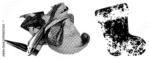 Retro holiday with textured, netted hat with feather, festive symbols, vector art, holiday decor, seasonal illustration.