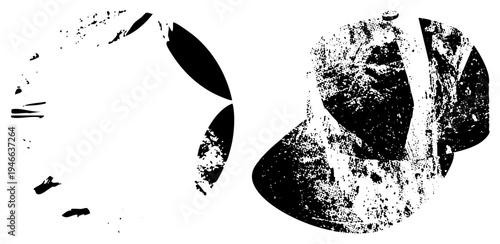 Fragmented geometric forms with gritty halftone texture, stylized vector art, digital glitch aesthetic, graphic design elements.