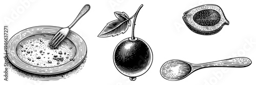 Classic engraved plate with fork, ripe cherry with leaf, avocado pit, wooden spoon, rustic kitchen tools, illustration, retro dining set.