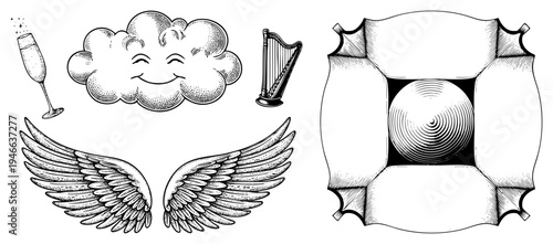 Hand drawn vintage including wings, smiling cloud, harp, champagne flute, and geometric frame. Classic engraving style with hatching. Perfect for retro design projects.