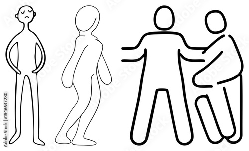 Simple black human figures, stylized stick people, emotional expression, social interaction, isolated poses, vector glyph, flat design characters.