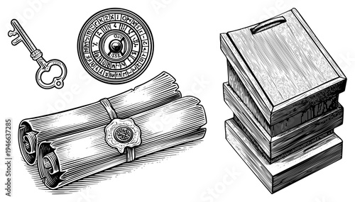 Vintage key, cryptic cipher wheel, sealed parchment scroll, stacked wooden ledger books, hand drawn illustration, historical artifacts, scholarly tools.