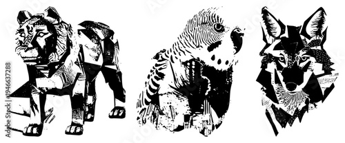 Stylized lion, hyena, wolf in bold geometric halftone vector art sharp, angular, perfect for branding or tattoos.