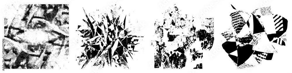Fototapeta premium Black and white abstract composition of shattered shapes, halftone textures, geometric, digital glitch art, vector graphic fragments.