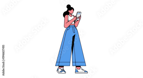Woman using smartphone standing in casual clothes.
