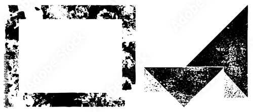 Distressed black geometric forms, fragmented frame and angular arrow, vector art with gritty texture, isolated graphic elements for design.