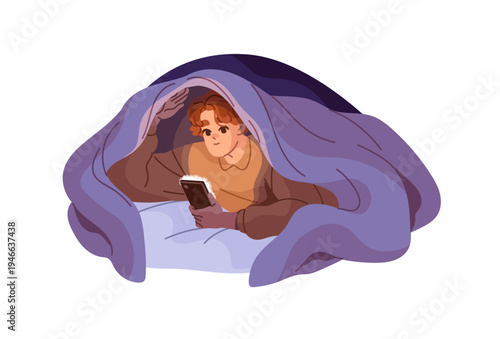 Teen boy lying under blanket in bed scrolls social networks and watches videos on smartphone at late night. Young man is texting in chat at sleep time. Flat isolated vector illustration on white