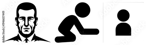 Vector silhouette depicting formal man, kneeling person, and generic user avatar minimalist,, symbolic representations for digital UI.