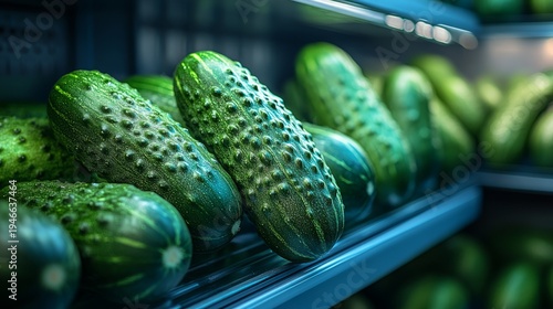 Fresh cucumbers shine in a cool display, embodying the essence of healthy choices