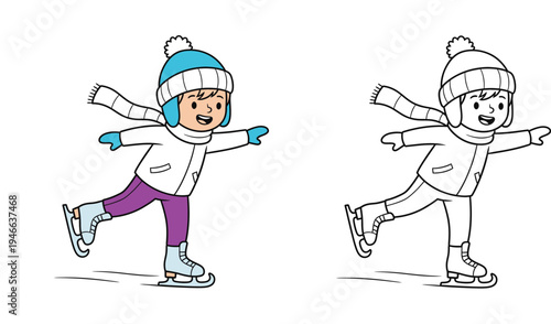 Cute little boy ice skating winter activity illustration. Includes full color version and black and white outline for kids coloring book page.