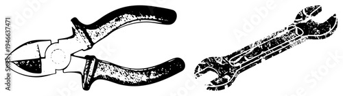 Classic hand tools rendered in gritty black and white, art style, including diagonal wrench and pliers, mechanical repair equipment, industrial utility.