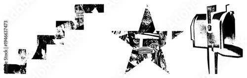 Bold black and white graphic elements with distressed texture, including a star, mailbox, and fragmented geometric forms, ideal for retro or urban design.