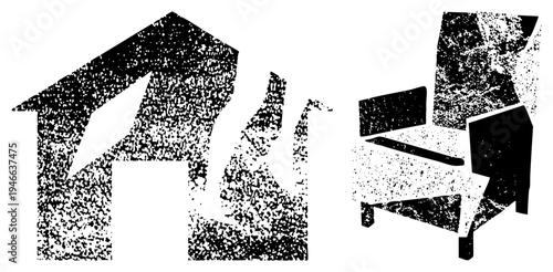 Vector halftone graphics of house and chair, minimalist speckled, graphic design elements, isolated shapes, modern art.