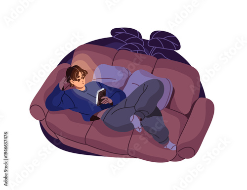 Boy is lying on sofa, texting in online chat on phone at night. Teen man scrolls social networks, watches videos on smartphone at late time instead sleeping. Flat isolated vector illustration on white