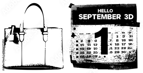 Fashion tote bag with straps and textured, September calendar page with "Hello September 3D" text, halftone print style, minimalist graphic composition.