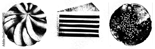 Vector illustrations of halftone rendered food swirled pastry, striped cake slice, sesame topped bread, all in black and white with dot, isolated foreground elements.