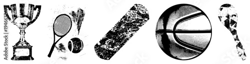 Retro sports symbols including trophy, tennis gear, basketball, maraca, and pencil rendered in gritty halftone, vector art, isolated elements for design projects.