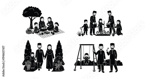 Black and white illustration of a muslim family enjoying outdoor activities