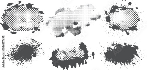 Six dark grey grunge ink splatters and halftone dots