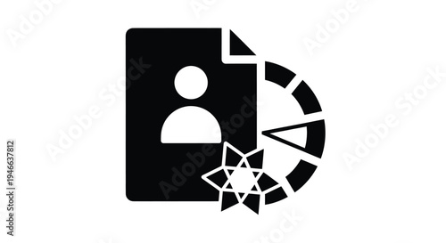 Black silhouette icon depicting document with user profile combined with speedometer and star representing professional performance metrics and career data tracking.
