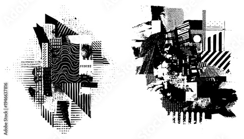 Black and white graphic composition of fragmented geometric forms with halftone textures, abstract design, vector art, modernist aesthetic, graphic fragmentation.