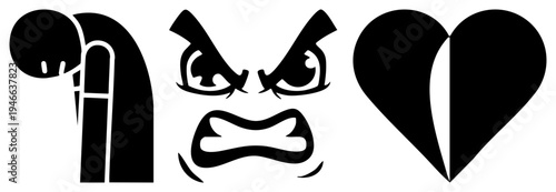 with angry eyes and teeth, broken heart, stylized earbud graphic, bold flat vector art, digital illustration symbols.
