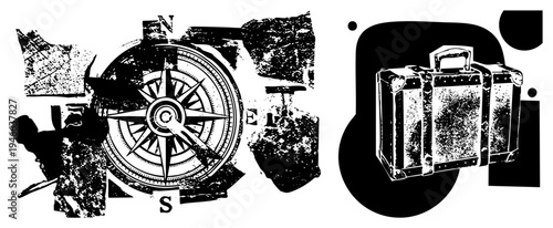 Retro compass with cardinal points and textured suitcase, travel symbols, vintage gear, minimalist, adventure, journey motifs.