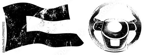 Grungy black and white flag waving with stripe, vintage steering wheel, halftone texture, isolated vector graphics, retro automotive emblem.