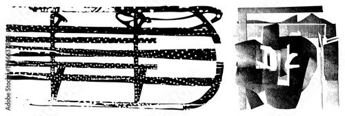 Stylized abstract shapes rendered in high contrast halftone, graphic design elements, modern art composition, vector art, black and white textures, isolated forms.