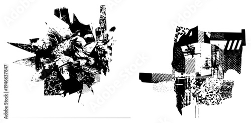 Collaged abstract shapes with halftone textures, graphic, vector art, design, urban glitch aesthetic.