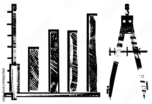 Black and white halftone bar chart with textured fills, paired with compass drafting tool, graphic design elements, technical drawing symbols, vector art, isolated foreground.