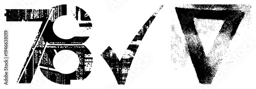 Stylized black letters with textured wear, halftone dot, graphic design elements, distressed typography, bold stencil font, vector lettering, artistic typography.