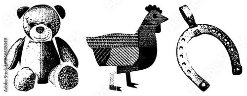 Classic black and white halftone illustrations of a plush teddy bear, stylized rooster, and horseshoe, rendered with textured and stippling for vintage charm.