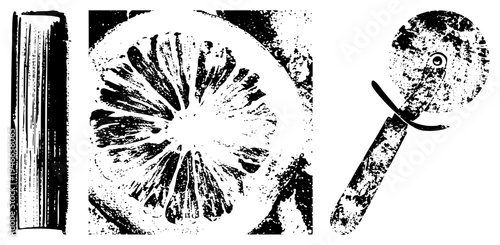 Stylized halftone illustrations of a book, citrus section, and pizza cutter, rendered in with gritty texture, ideal for retro design or culinary branding.