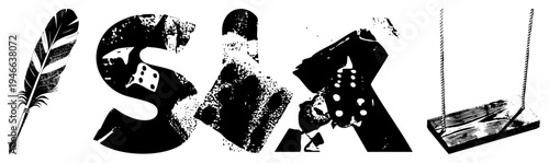 Graphic design featuring the word "Six" with embedded dice, quill pen, and swing, rendered in high contrast halftone style, ideal for gaming, literature, or playground branding.