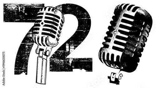 Classic broadcast microphones with grille detail, retro equipment, vintage recording gear, studio microphone, old school mic, analog tool, black and white halftone illustration.