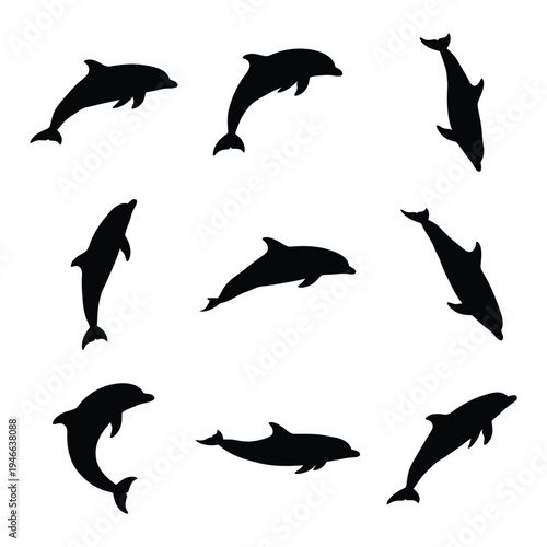 Dolphin Silhouettes Set- Collection of 9 Jumping and Swimming Bottlenose Dolphin Shapes Isolated on White Background