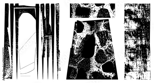 Vector graphic with fragmented shapes, halftone, distressed textures, and geometric forms. Modern abstract design with high contrast, ideal for digital art, graphic design, or print.