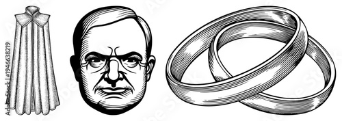 Black and white halftone vector art featuring clergy robe, stern faced man, and wedding rings. Classic engraving style, isolated symbols, graphic design elements.