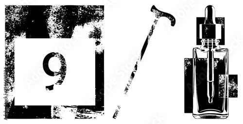 Element fluorine atom symbol, walking cane, serum dropper bottle, scientific, retro atomic design, medical aesthetic, black and white vector art.