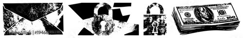 Black and white vector featuring envelope, padlock, and dollar bills with distressed textures, ideal for security, finance, or communication themes.