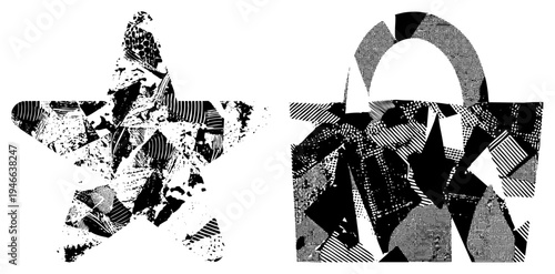 Geometric star and tote bag rendered in high contrast halftone, graphic design elements, collage, vector art, fragmented texture, pop art influence, isolated shapes.
