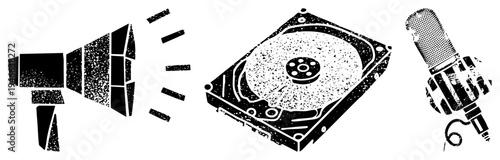 Retro megaphone, hard disk drive, and microphone with halftone texture, isolated vector symbols for digital,, and storage concepts.