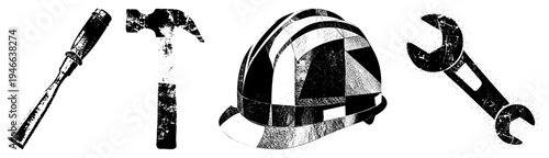 Chisel, claw hammer, safety helmet, wrench classic carpentry tools, worn textures, black and white graphic, builder essentials.