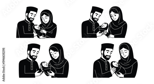 Four depictions of muslim families lovingly cradling newborn babies