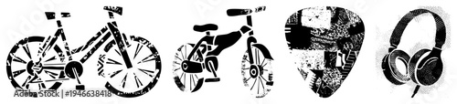Black and white vector featuring distressed bikes, guitar pick, and halftone headphones, isolated graphic elements with gritty texture, ideal for music and urban themes.