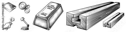 Vector illustration of gold bar, wooden structural beams, mechanical gears, hand holding wrench, suction cup tool isolated industrial and construction elements.